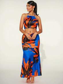 Armand Blue Summer Vacation Women Floral Flower Printed Satin Cross Spaghetti Straps Top - Blue - View 9