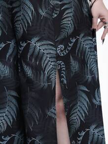 ROMWE Goth Plus Size Women Gothic Leaf Allover Print Elastic Waist Long Split Hem Beach Pants, Vacation