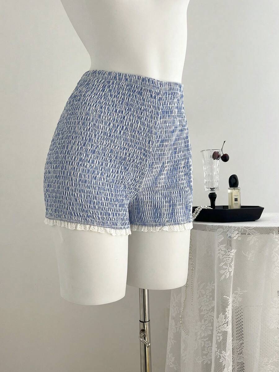 Elamini Quần legging nữ có miếng vá ren co giãn cao - Xanh và trắng - Xem 1