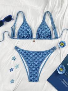 Bonvoyette 2件套女士新款可调节细肩带蓝色碎花随机印花金色圆盘装饰性感高衩侧边度假比基尼套装，2026春夏款 - 藍色 - 查看 2