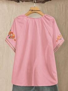 Linhara Plus Size Women V-Neck Embroidered Shirt With Stylish Design - Pink - View 2