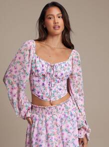 WESTFADE Spring Printed Chiffon Sweetheart Neck Bow Front Long Sleeve Crop Top - Pink - View 3