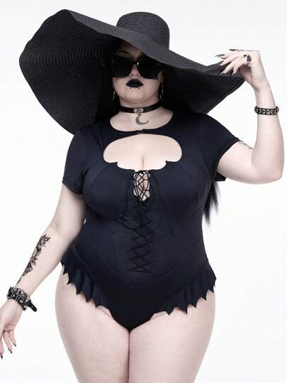 Goth Plus Size Women Gothic Hollow Out Bat Hem Leotard, Summer Beach , Halloween