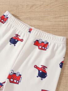 SHEIN 4 件套小男孩卡通汽车图案弹性柔软舒适针织面料短袖 T 恤和短裤睡衣套装，浅桃色和蓝色