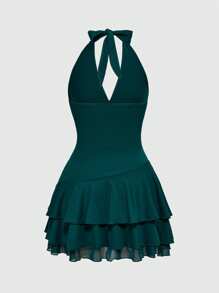 ROMWE Plus Size Hippie Eye Totem Embroidery Women Sleeveless V-Neck Layered Hem Short Dress - Navy Blue - View 2