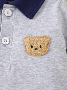 SHEIN Summer Newborn Baby Boy Lapel Splicing Gray Short Sleeved Bear Romper Fashionable Casual Sports