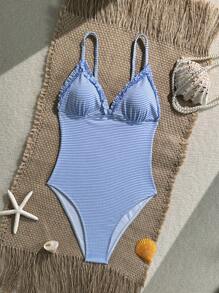 Swim Mod 1pc Striped Ruffle Strap One-Piece Swimsuit For Women, Summer - Blue and White - View 5