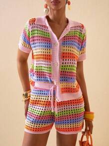 Zivah Conjunto de 2 piezas de mujer para el verano 2025 compuesto por un cárdigan de manga corta tipo camisa informal de cuello vuelto y shorts slim con rayas en colores arcoíris rosa, naranja, morado y verde de punto de ganchillo - Multicolor - Ver 1