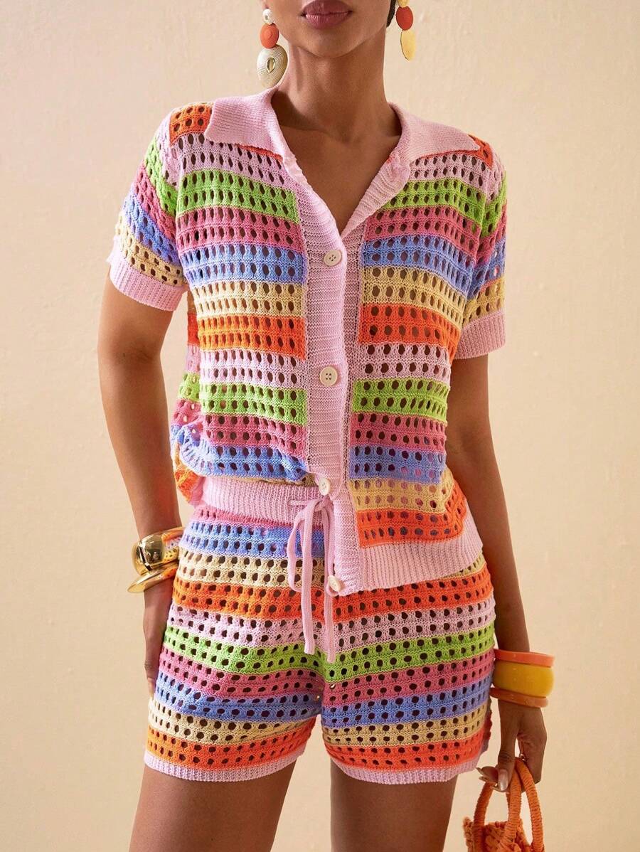 Zivah Conjunto de 2 piezas de mujer para el verano 2025 compuesto por un cárdigan de manga corta tipo camisa informal de cuello vuelto y shorts slim con rayas en colores arcoíris rosa, naranja, morado y verde de punto de ganchillo - Multicolor - Ver 1