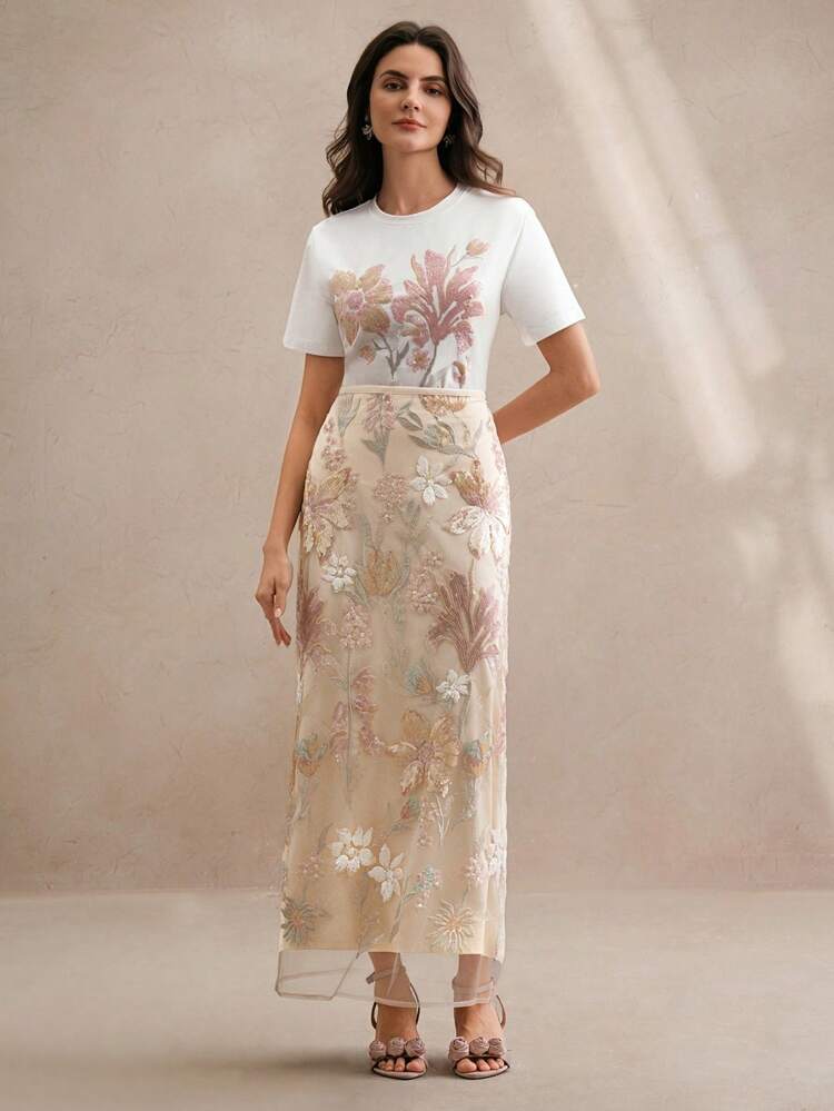 Elegant Sequin Embroidered Plus Size A-Line Midi Skirt, Chic Design, Spring/Summer
