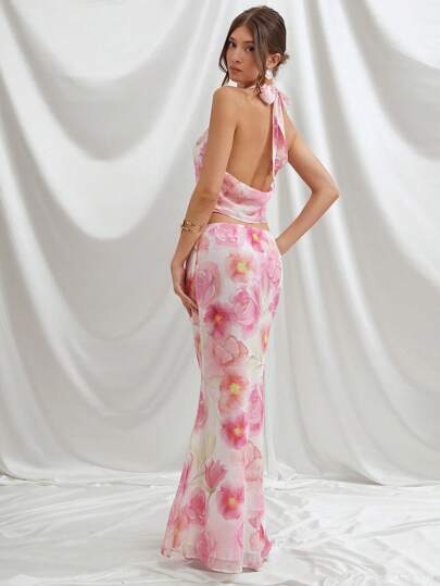 L'Amorae Women's Elegant Two Pieces Matching Top And Skirt Floral Chiffon Pastel Pink Cowl Neck Top With Fishtail Hem Maxi Skirt, Summer Outfits For Women, Wedding Guest Outfit For Women, Vacation Outfits, Graduation Outfit Women, 4th Of July Outfits Women, Matching Set