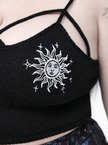 ROMWE Goth 哥特式植物刺绣大码女式针织宽松夏季波西米亚风度假上衣 - 黑色 - 查看 2