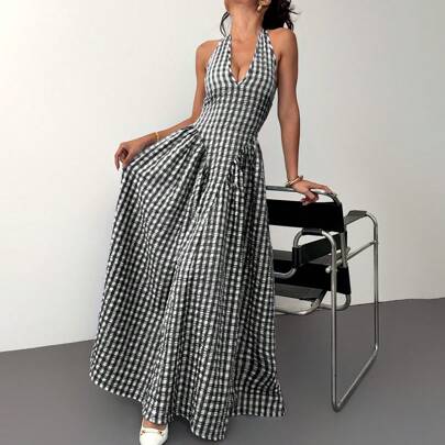 Vestito a gabbia con vita stringata, vestito a quadri, vestito lungo, abbigliamento estivo da donna