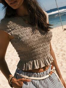 Easelle Resort Ruffle Trim Fitted Round Neck Women T-Shirt - Army Green - View 7
