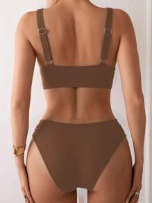 SHEIN New V-Neck Solid Color High Waist Bikini 2 Pieces Sets, Beach Summer Outfits For Women Beige Brown Low Rise - Brown - View 2