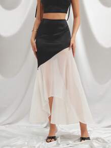 L'Amorae Elegant Colorblock White/Black Satin Chiffon Asymmetric Flowy Formal Skirt, Brunch, Summer, Wedding Guest Skirt - Black and White - View 2