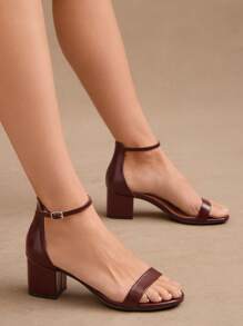 SHUZIA Viral Women's Single Strap Low Block Heel Glossy Pu Coffee Sandals-Comfy Minimalist Summer Essential Shoes 2025 | Ankle Strap Casual Sandals For Every Time - Coffee Brown - View 2