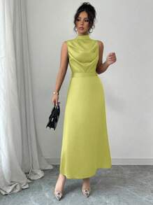 Elenzga Váy chữ A không tay xếp ly cổ đứng màu xanh lá cây thanh lịch dành cho nữ, Xuân/Hè - màu xanh lá - Xem 6