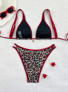 Swim Mod 2026春夏2件套女士新款可调节肩带红色褶饰豹纹随机金色圆盘装饰性感高腰侧边度假比基尼套装 - 彩色 - 查看 3