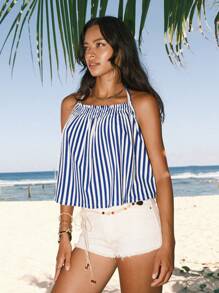 Easelle Casual Vacation Beach 2025 Summer Beach Tops Backless Top Stripes 4th Of July Beach For Woman - Blue - View 3