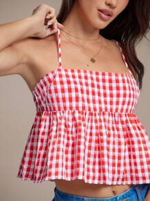 WESTFADE Spring Western Gingham Check Ruffle Peplum Babydoll Cami Top - Red - View 2