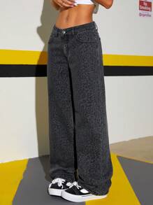 SHEIN Tall Pantalones vaqueros rectos de tiro bajo con estampado de leopardo lavados de moda - Gris - Ver 5