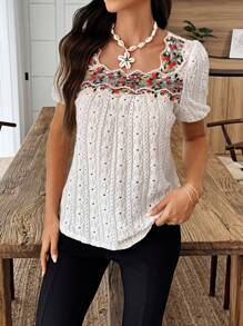 SHEINBlues Camiseta de mujer con bordado floral, parches y jacquard, un diseño de moda para vacaciones - Albaricoque - Ver 4