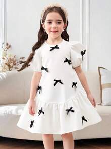 Young Girl Woven Solid Color Round Neck Puff Sleeve Fitted Dress - White - View 3