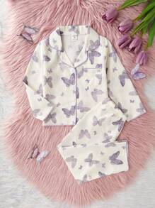 2 件套可爱紫色蝴蝶印花小女孩长袖开衫和裤子套装，休闲舒适的家居服蝴蝶睡衣儿童返校时尚 - 杏色 - 查看 5