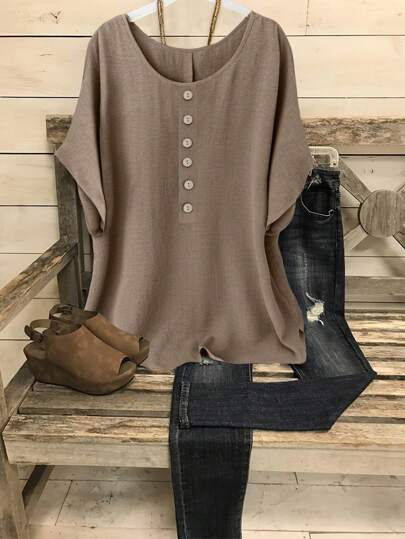 Linhara Plus Size Women Casual Button Up Shirt With Round Collar