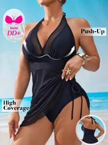 Swim DD+ Robe d'été pour femme à encolure ras-du-cou avec liens et panneau en maille, avec superposition en filet à décolleté en V profond. Combinaison de plage une pièce mode affinante le corps pour les stations balnéaires