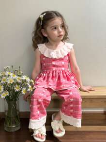 Conjunto de 2 peças de blusa e calça casual de perna larga com acabamento em renda para meninas, ideal para férias de verão, praia e atividades ao ar livre - Vermelho - Ver 1