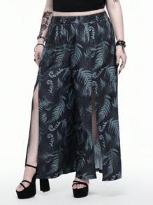 ROMWE Goth Plus Size Women Gothic Leaf Allover Print Elastic Waist Long Split Hem Beach Pants, Vacation