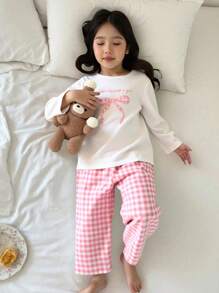 2件套少女卡通小狗蝴蝶结印花针织休闲长袖衬衫和长裤睡衣套装 - 白色 - 查看 1