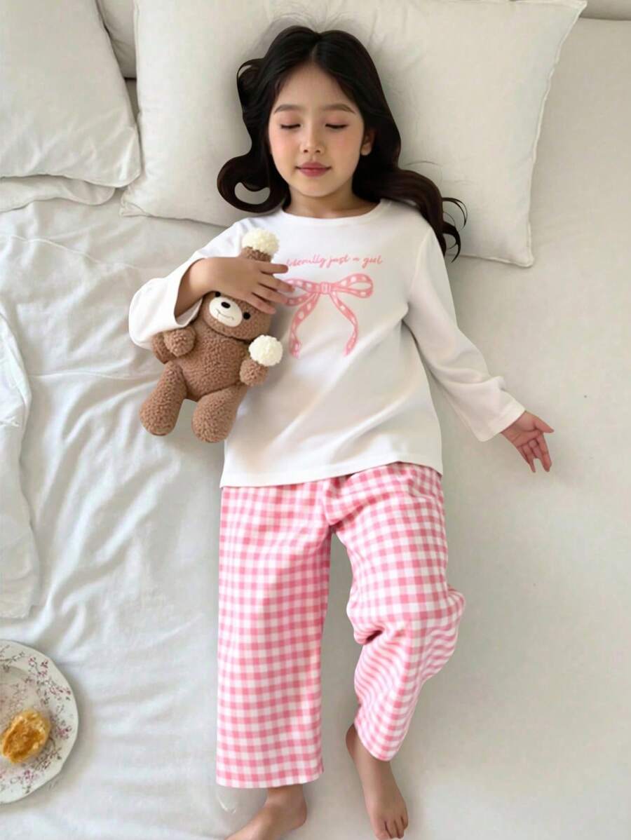2件套少女卡通小狗蝴蝶结印花针织休闲长袖衬衫和长裤睡衣套装 - 白色 - 查看 1