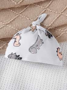 SHEIN 新生儿米色可爱恐龙全身印花长袖连脚睡衣套装（含帽子和手套） - 淺灰色 - 查看 3