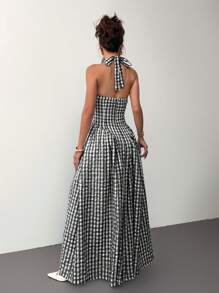 Siren Gaze Robe ras-du-cou évasée avec ceinture taille pour femmes, robe à carreaux, robe longue, vêtements d'été pour dames - Noir et Blanc - Voir 2