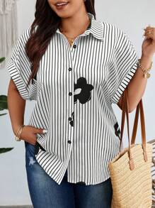 Weeklong Áo thun tay cánh dơi in họa tiết sọc hoa mùa hè cỡ lớn cho kỳ nghỉ thường ngày - Đen và trắng - Xem 3