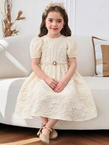 Young Girl Ditsy Floral Jacquard Patchwork Puff Sleeve Midi A-Line Dress, With Pearl Belt, Cake Dress, Flower Girl, Cute & Elegant & Sweet & Vintage & Fashionable. Mom And Daughter & Sisters Matching, Family Vacation, Daily School Wear, Home Family Gatherings And Special Occasions, Sibling Outfits, Gorgeous Princess, Party Wear, For Birthdays, Spring/Summer. - Apricot - View 5