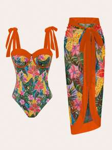 Swim Vcay 1 Set Tropical Print One Piece Swimsuit With Beach Cover Skirt For Summer Beach Vacation - Multicolor - View 5