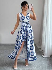 Elenzga 女式春夏海滩度假休闲优雅撞色全身复古印花无袖连体裤 - 藍白色 - 查看 3