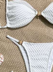 SHEIN Swim 纯色无钢圈细肩带金属装饰后背系带短款上衣和泳裤女式夏季海滩度假两件套比基尼套装