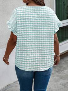 Weeklong Plus Size Women's Plaid Chiffon Ruffle Hem Button Down Shirt - Mint Blue - View 2