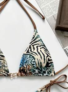 Swim Vcay 随机蛇皮印花三角形无钢圈上身和侧系带丁字裤比基尼套装，女士夏季海滩度假泳装 - 彩色 - 查看 3