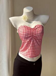 SHEIN Unity Women's Plaid Ruffle Strapless Backless Tie-Up Crop Top - Red - View 3