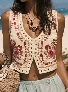 Easelle Floral Embroidered Casual Vest For Women, Suitable For Holiday & Outdoor In Fall/Winter - Apricot - View 1