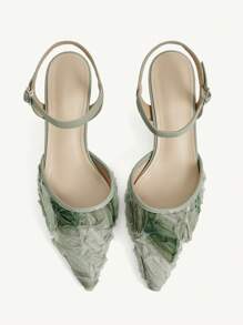 CUCCOO CHICEST 蕾丝网绿色尖头细高跟鞋，女式婚礼派对高跟鞋，露背设计