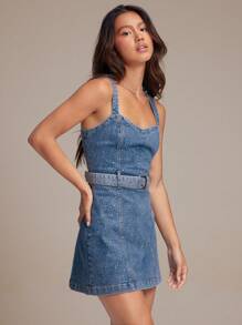 WESTFADE 甜心领口水钻装饰西部牛仔女郎纳什维尔牛仔竞技扣合身牛仔迷你连衣裙 - 淺色水洗藍 - 查看 4