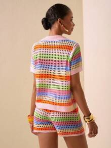 Zivah Conjunto de 2 piezas de mujer para el verano 2025 compuesto por un cárdigan de manga corta tipo camisa informal de cuello vuelto y shorts slim con rayas en colores arcoíris rosa, naranja, morado y verde de punto de ganchillo - Multicolor - Ver 2