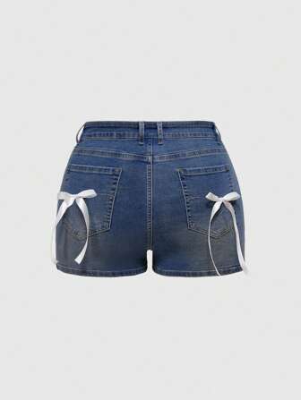 Kawaii Shorts di jeans elastici in vita con fiocco, di colore grigio scuro, per donne taglia forte